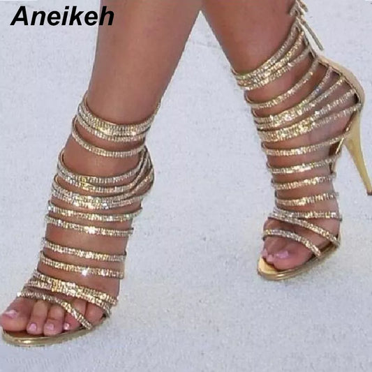 Gold Rhinestone Crystal Sandals Thin Strappy High Heel