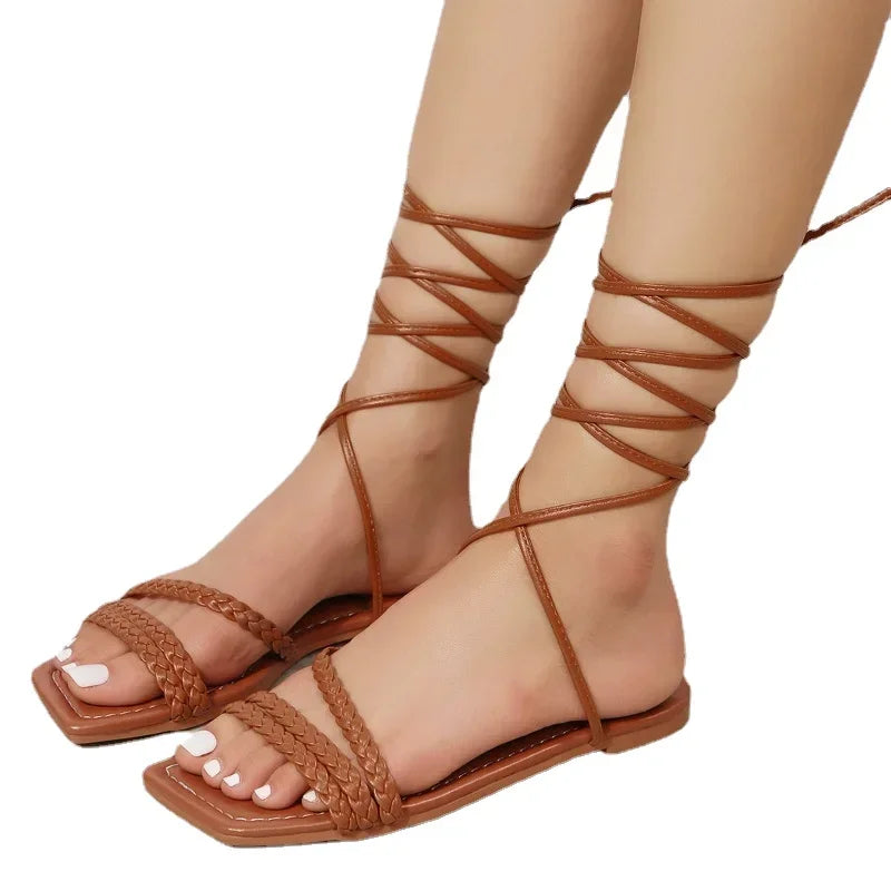 Braided Lace Up Strap Summer Sandals