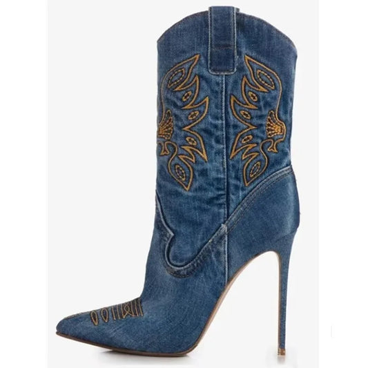 Out West Denim Pointed Short Boots V-shaped Sleeve Boots