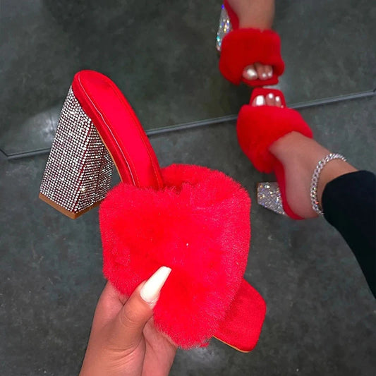 2021 Summer Women New Outdoor Banquet Fashion Slippers High-Heeled Rhinestone Single Layer Plush plus Size All-Match Sandals